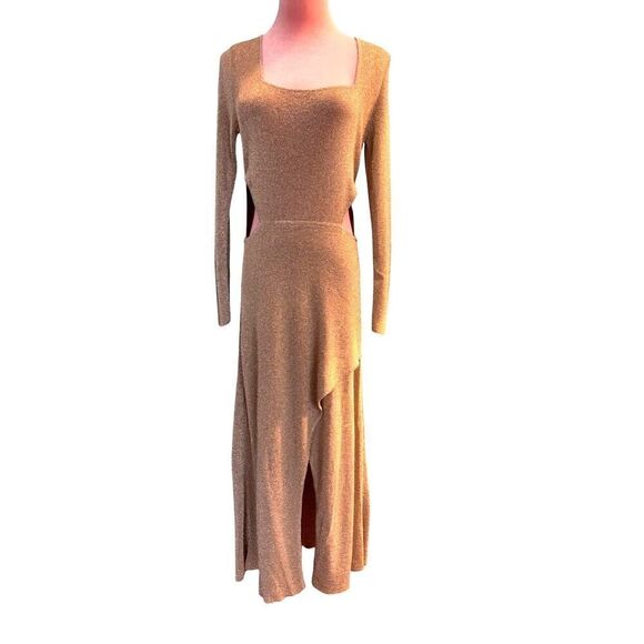 NWT MISA Los Angeles Beige Gold Metallic Midi Cut Out Waist Sweater Knit Dress M - Picture 2 of 7